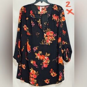 LADIES BLACK TOP WITH ORANGE, RASPBERRY & PINK FLOWERS